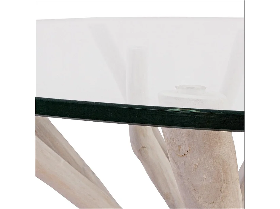 Table à manger rond en verre et branches teck Sary D 110cm