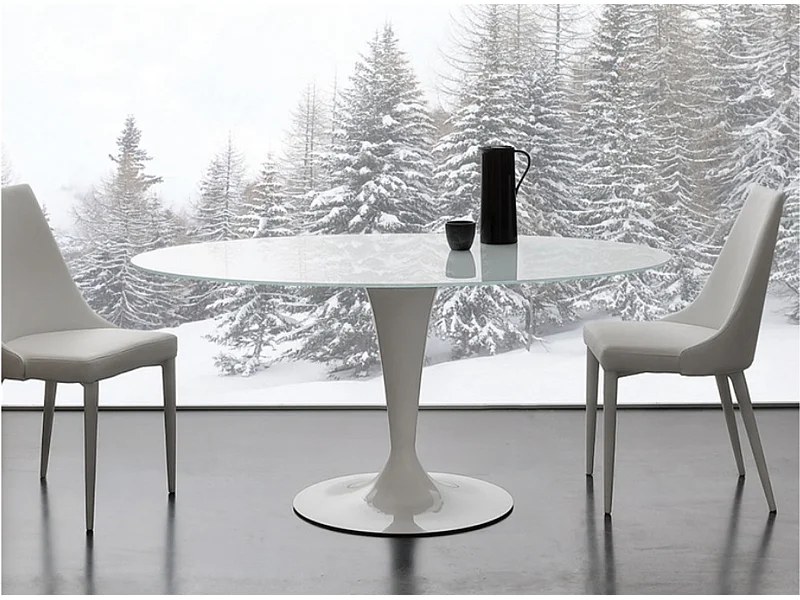 Table a manger ronde design verre teinté blanc et pied laqué blanc Kramanty 130cm