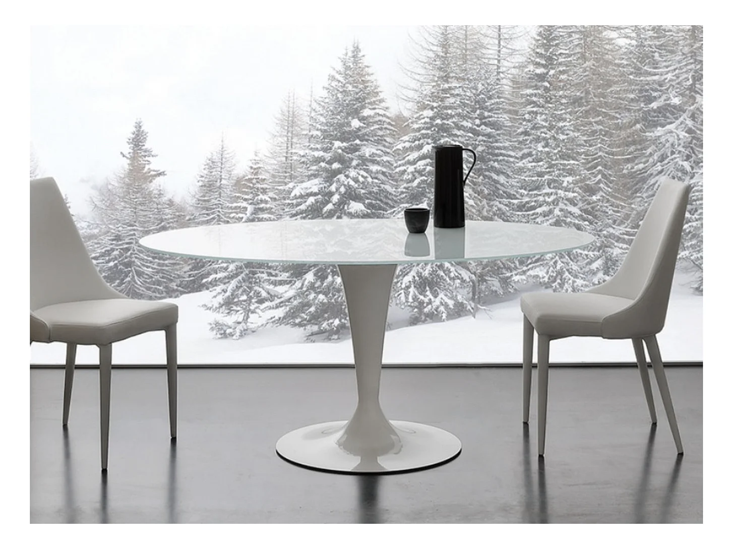 Table a manger ronde design verre teinté blanc et pied laqué blanc Kramanty 130cm
