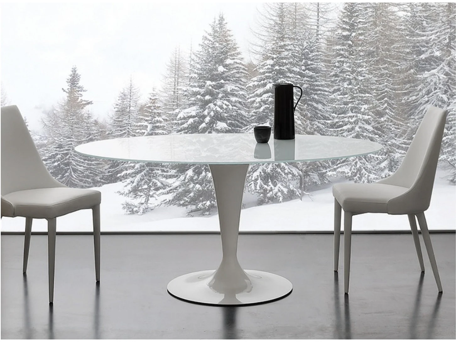 Table a manger ronde design verre teinté blanc et pied laqué blanc Kramanty 130cm