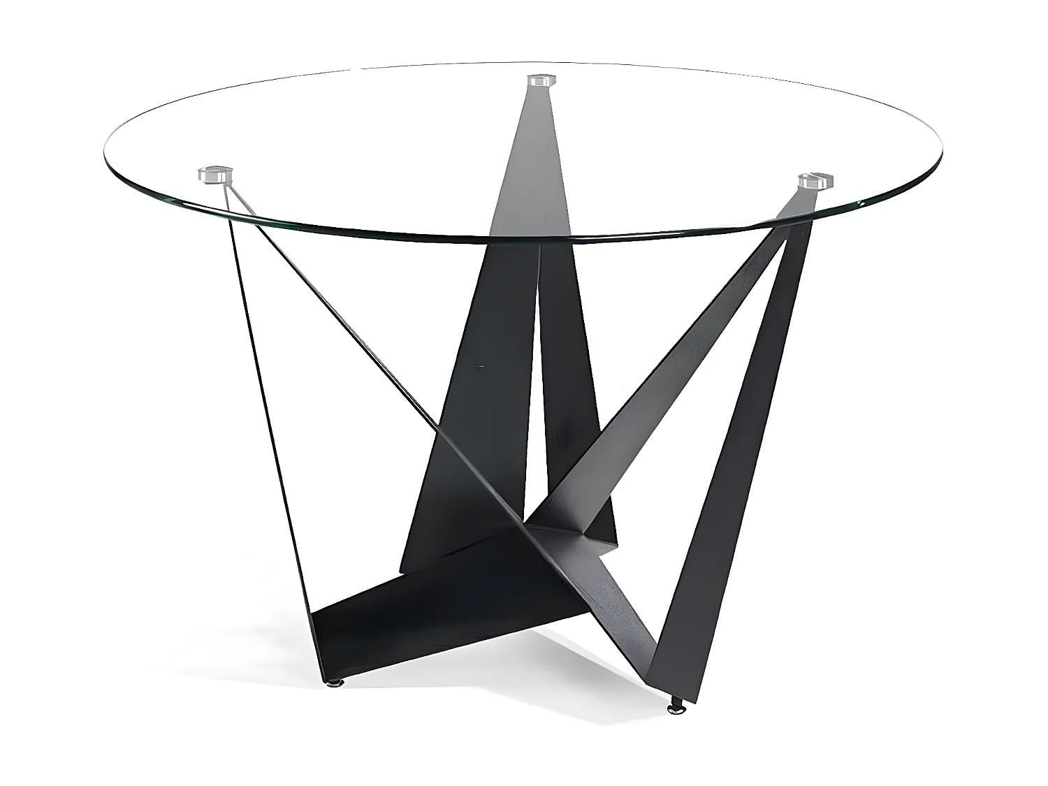 Ronde design eettafel van gehard glas en zwart stalen poten Bazika 120 cm