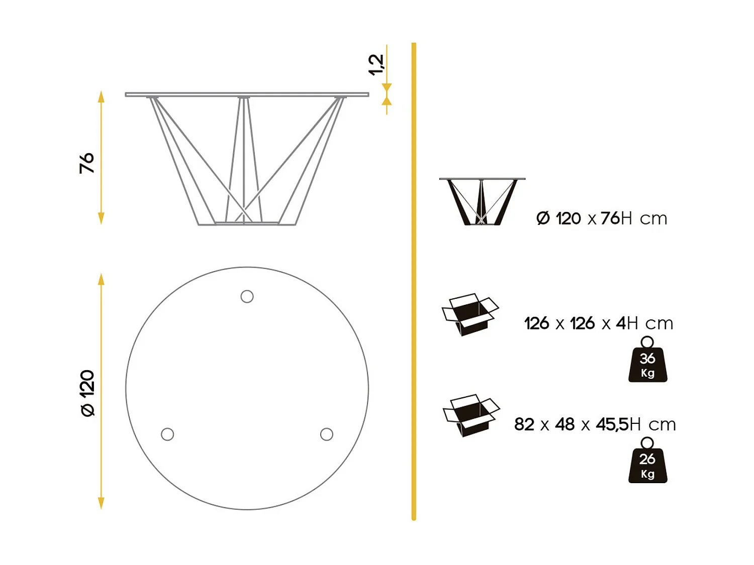 Table à manger ronde design verre trempé et pieds acier noir Bazika 120cm