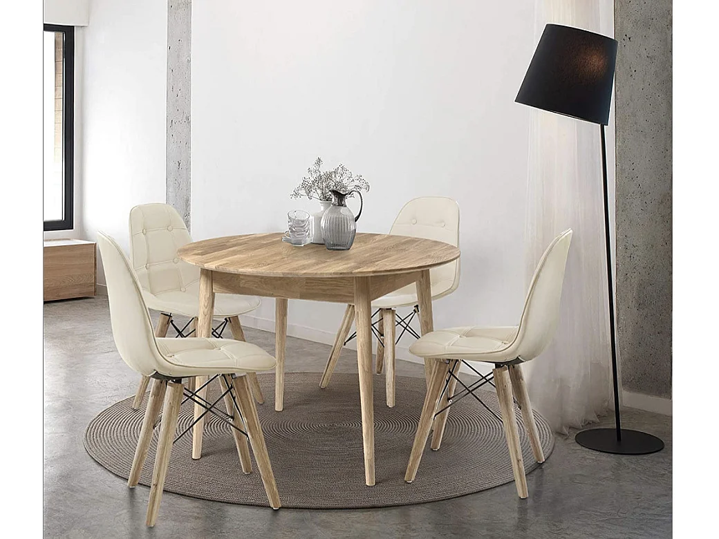 Mesa de comedor redonda Kundy de roble macizo blanqueado 100 cm