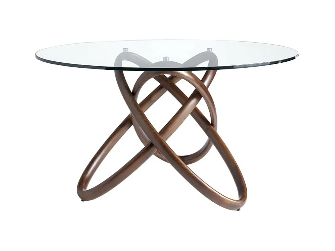 Table à manger ronde design en bois couleur noyer et verre transparent Artista-Diamètre 150 cm