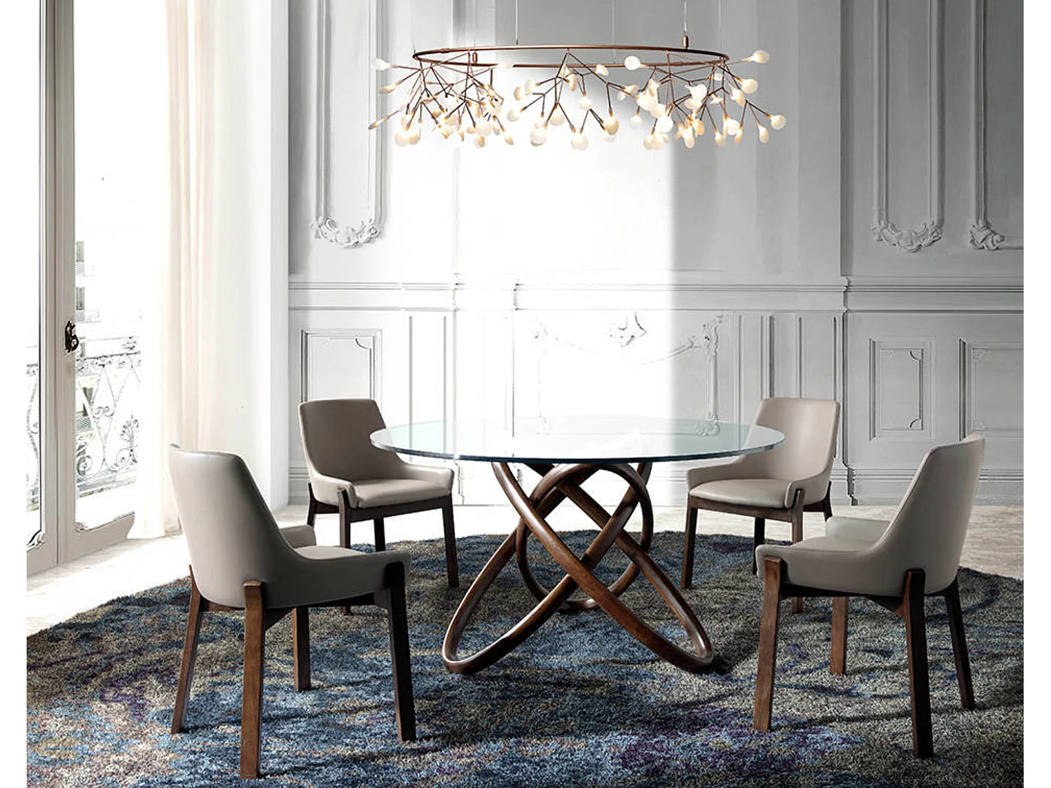 Table à manger ronde design en bois couleur noyer et verre transparent Artista-Diamètre 150 cm