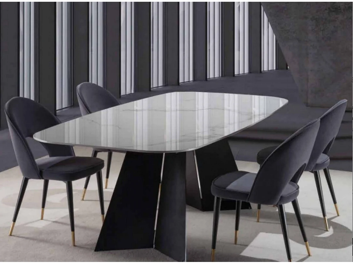 Table de repas design en céramique de marbre blanc de Carrare et pieds métal noir Empereur-Longueur 238 cm