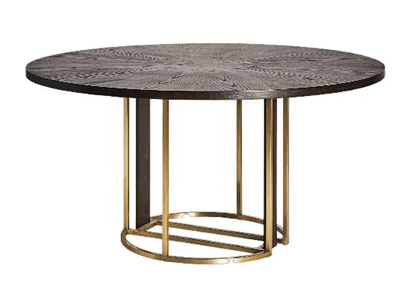 Mesa de comedor redonda de madera maciza marrón y patas de acero dorado estilo art decó Karia 150 cm