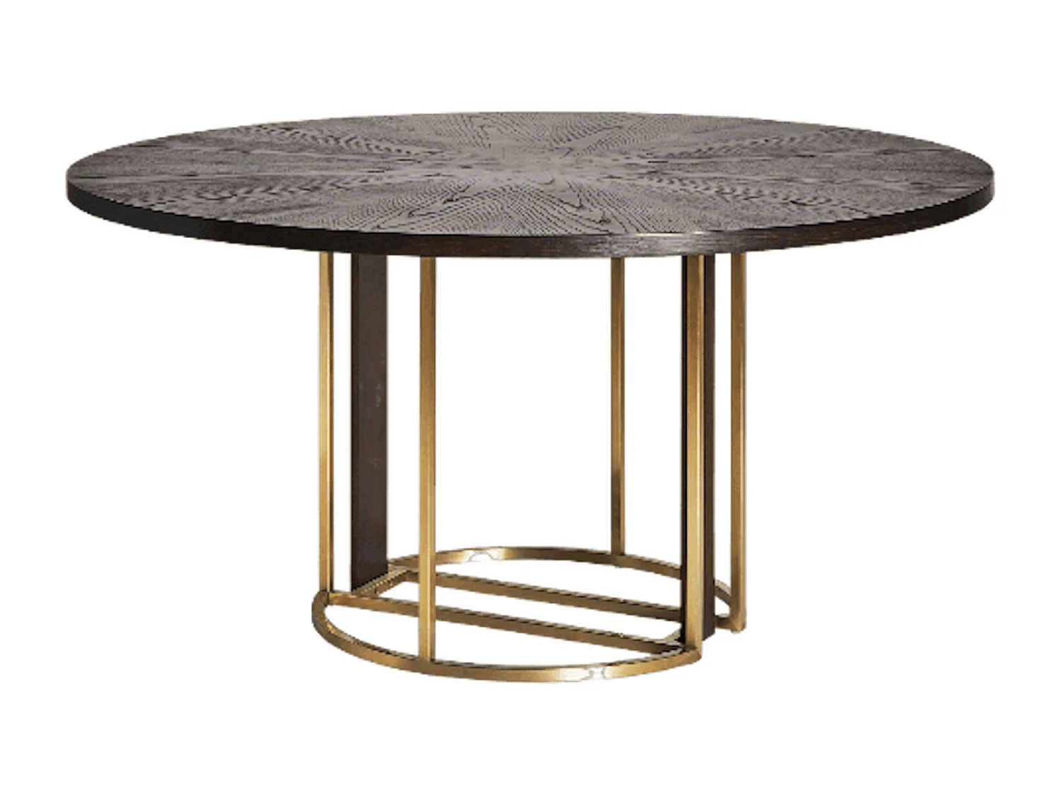 Table à manger ronde bois massif marron et pieds acier doré style art déco Karia 150cm
