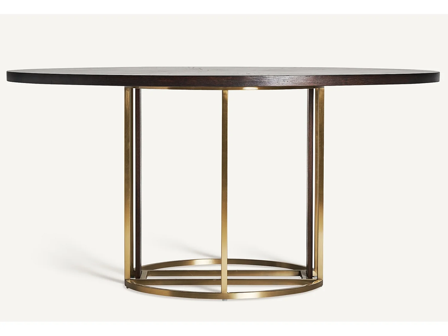 Table à manger ronde bois massif marron et pieds acier doré style art déco Karia 150cm