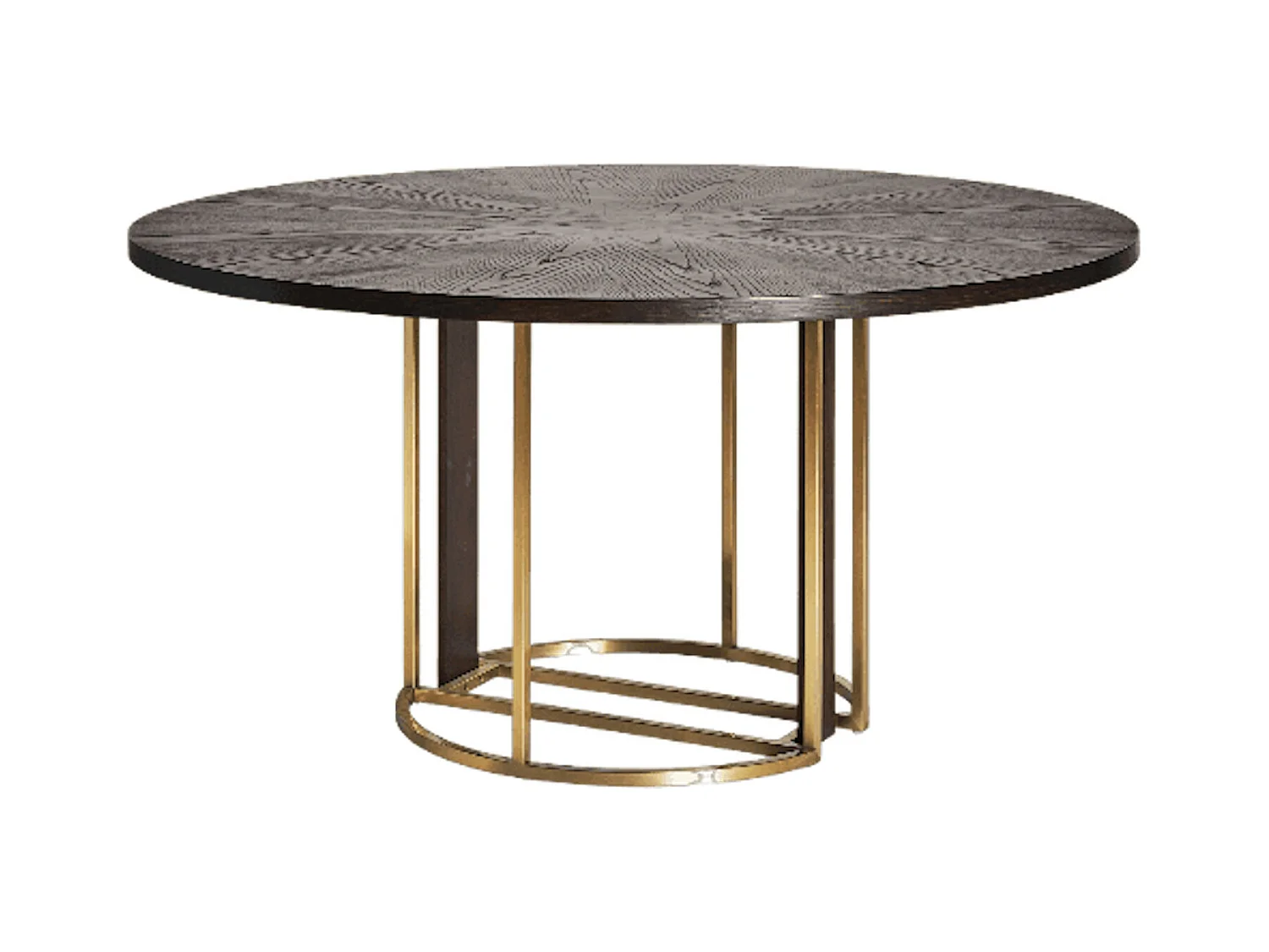Mesa de comedor redonda de madera maciza marrón y patas de acero dorado estilo art decó Karia 150 cm