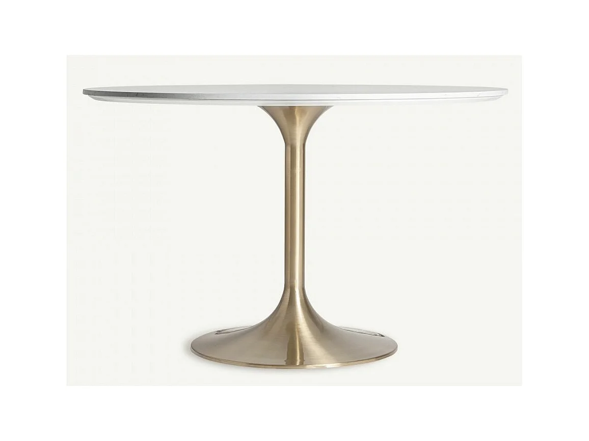 Mesa de comedor Korne redonda de cerámica y patas de acero dorado estilo art déco-Color Blanco-Diámetro 90 cm