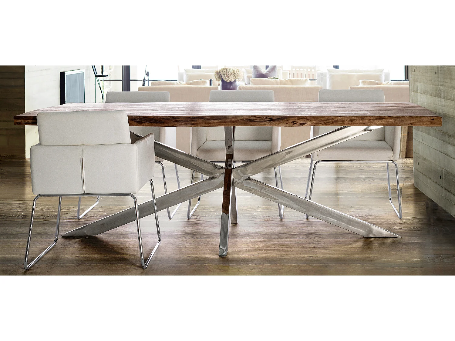 Massief acaciahouten tafel en chroomstalen poten Arka 220 cm