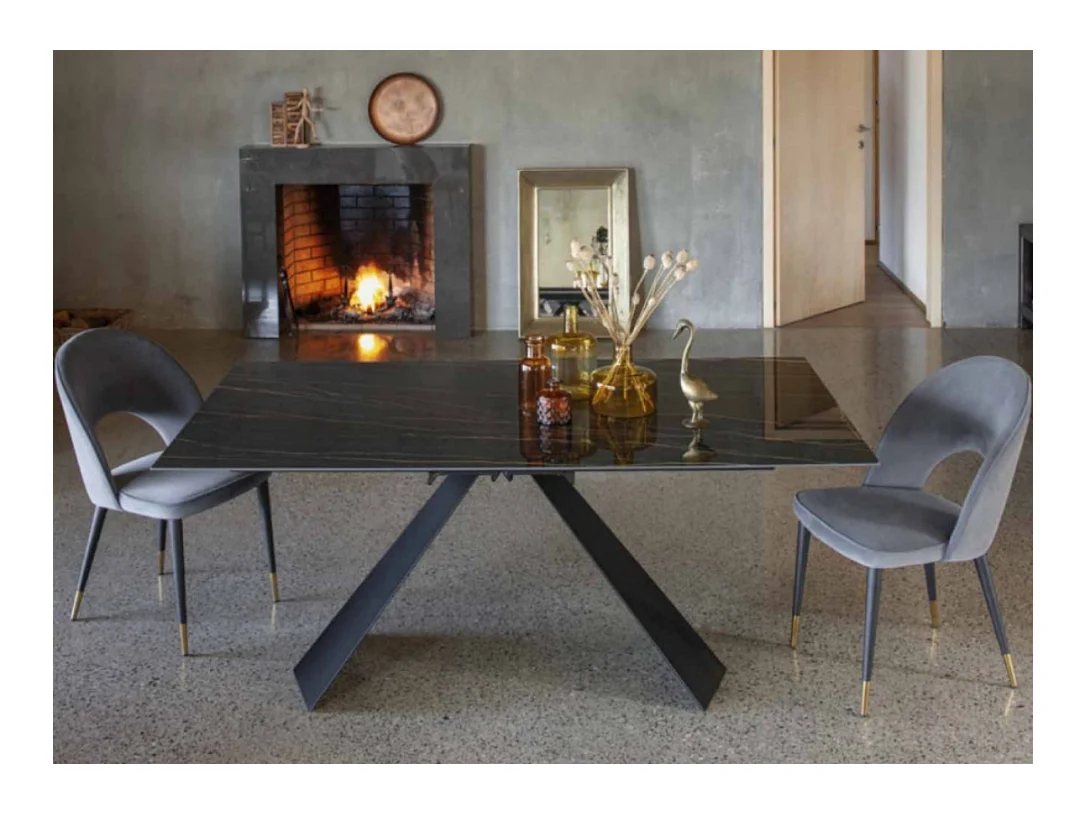Table design 180cm céramique marron marbre et pieds métal noir Kylane