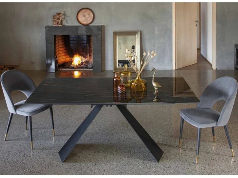 Table design 180cm céramique marron marbre et pieds métal noir Kylane