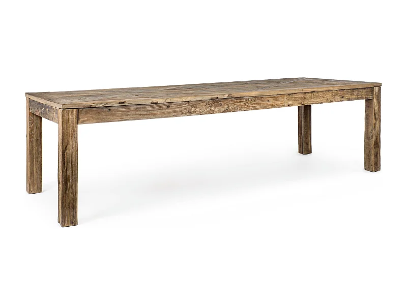Table à manger en bois d'orme avec plateau effet parquet vieilli Kaira-Largeur 280 cm