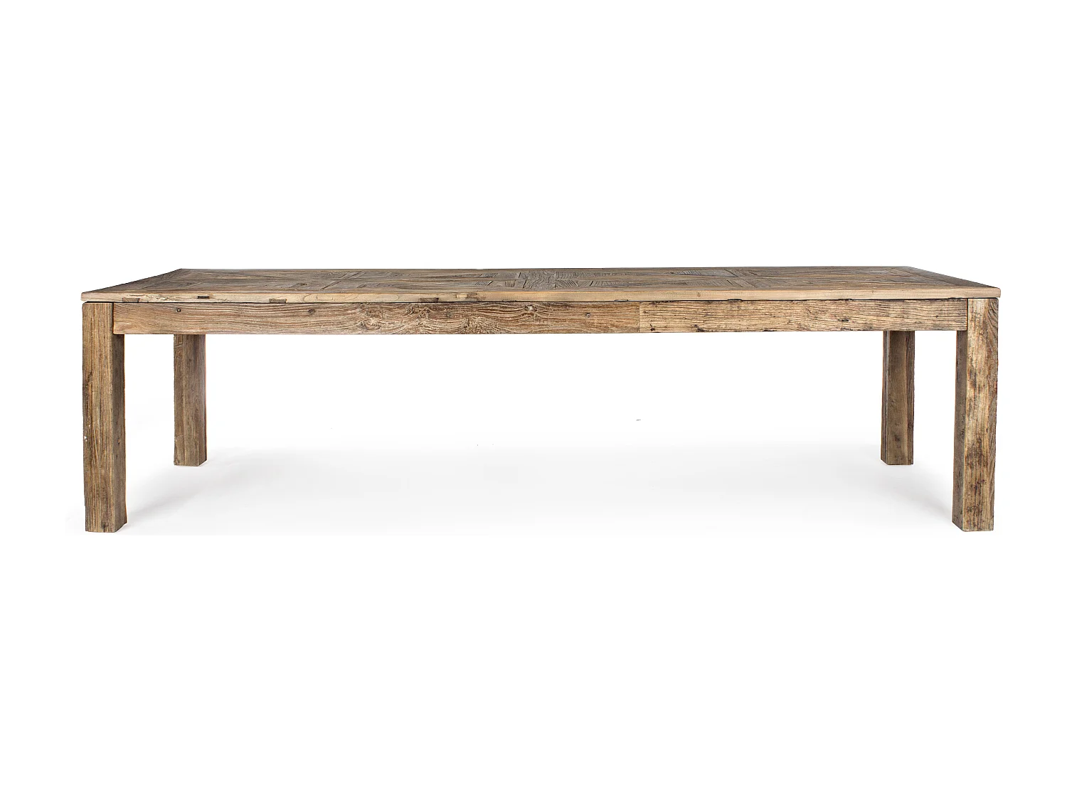 Table à manger en bois d'orme avec plateau effet parquet vieilli Kaira-Largeur 280 cm