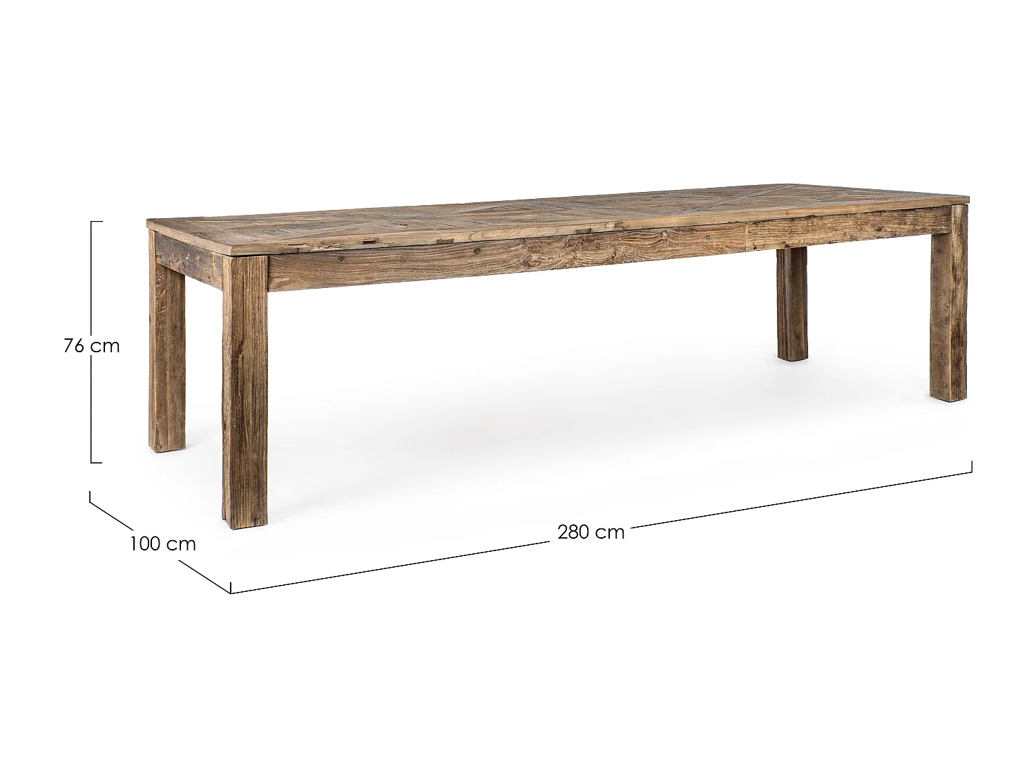 Table à manger en bois d'orme avec plateau effet parquet vieilli Kaira-Largeur 280 cm