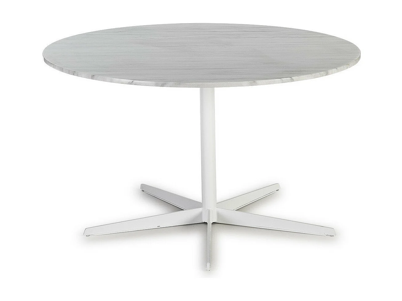Ronde designtafel in marmer en wit metalen onderstel D 125 cm