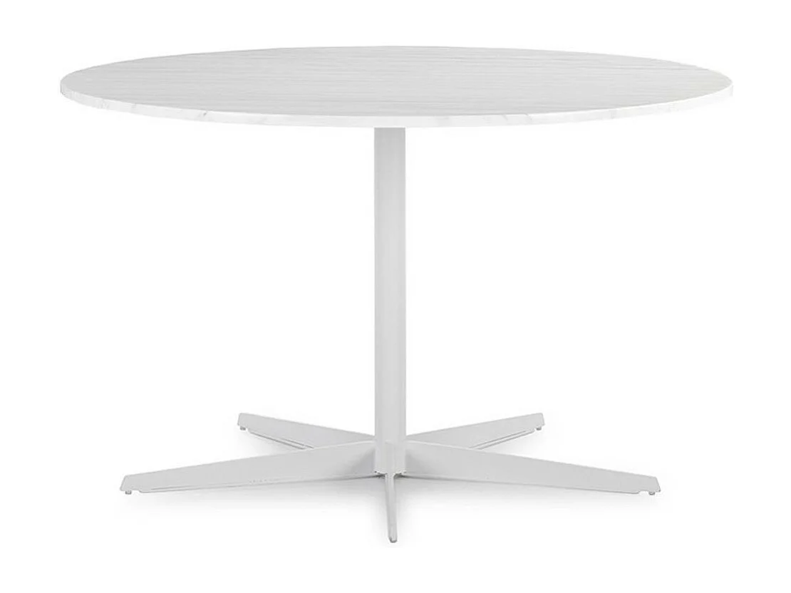 Ronde designtafel in marmer en wit metalen onderstel D 125 cm