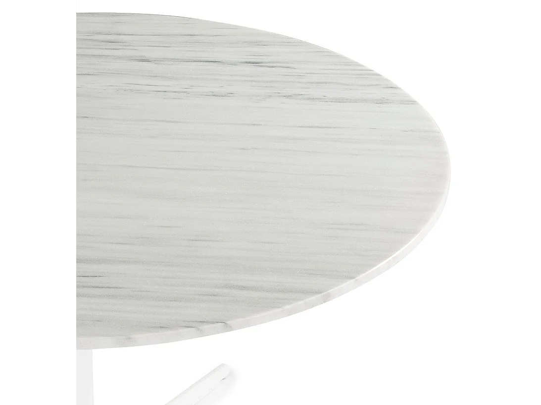 Ronde designtafel in marmer en wit metalen onderstel D 125 cm
