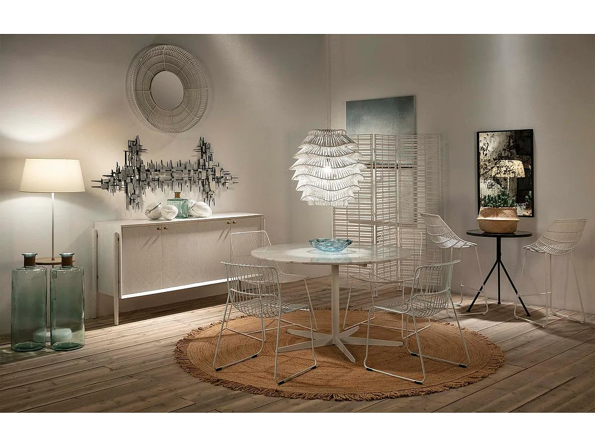 Ronde designtafel in marmer en wit metalen onderstel D 125 cm