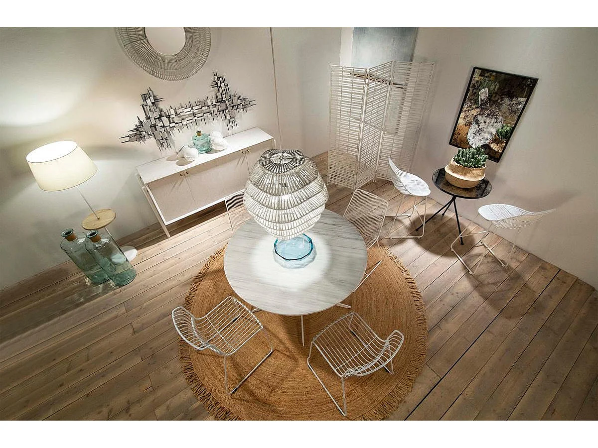 Ronde designtafel in marmer en wit metalen onderstel D 125 cm