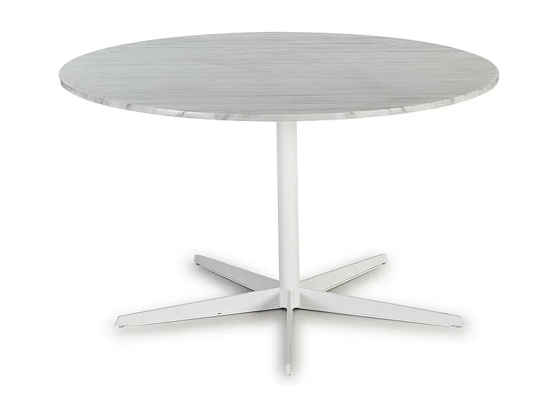 Ronde designtafel in marmer en wit metalen onderstel D 125 cm