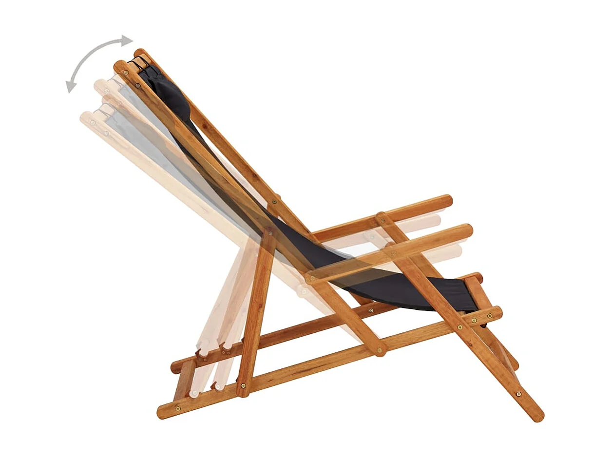 Chaise pliable de plage Bois d'eucalyptus solide et tissu Noir
