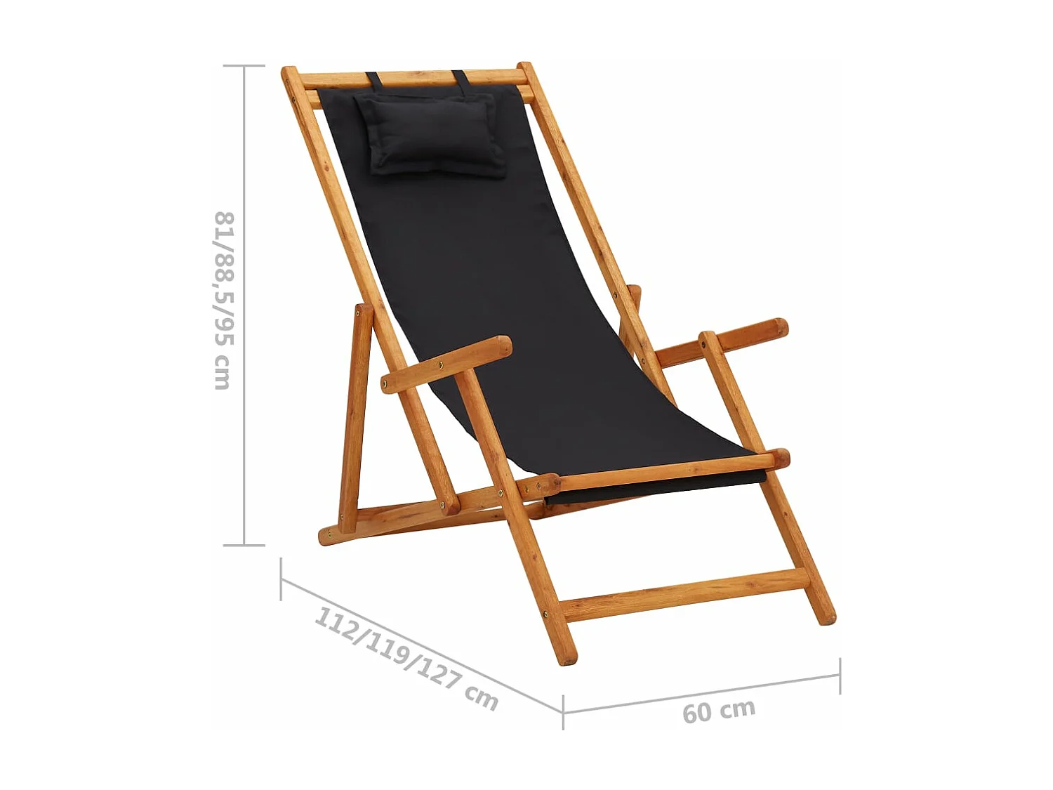 Chaise pliable de plage Bois d'eucalyptus solide et tissu Noir