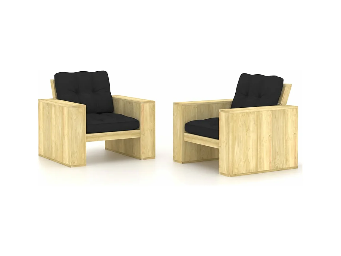 Chaises de jardin 2 pcs avec coussins noir Pin imprégné