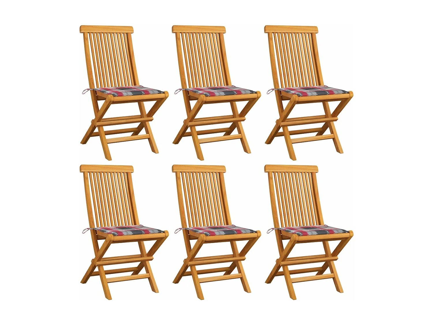 Chaises de jardin et coussins à carreaux rouge 6pcs Teck massif 2