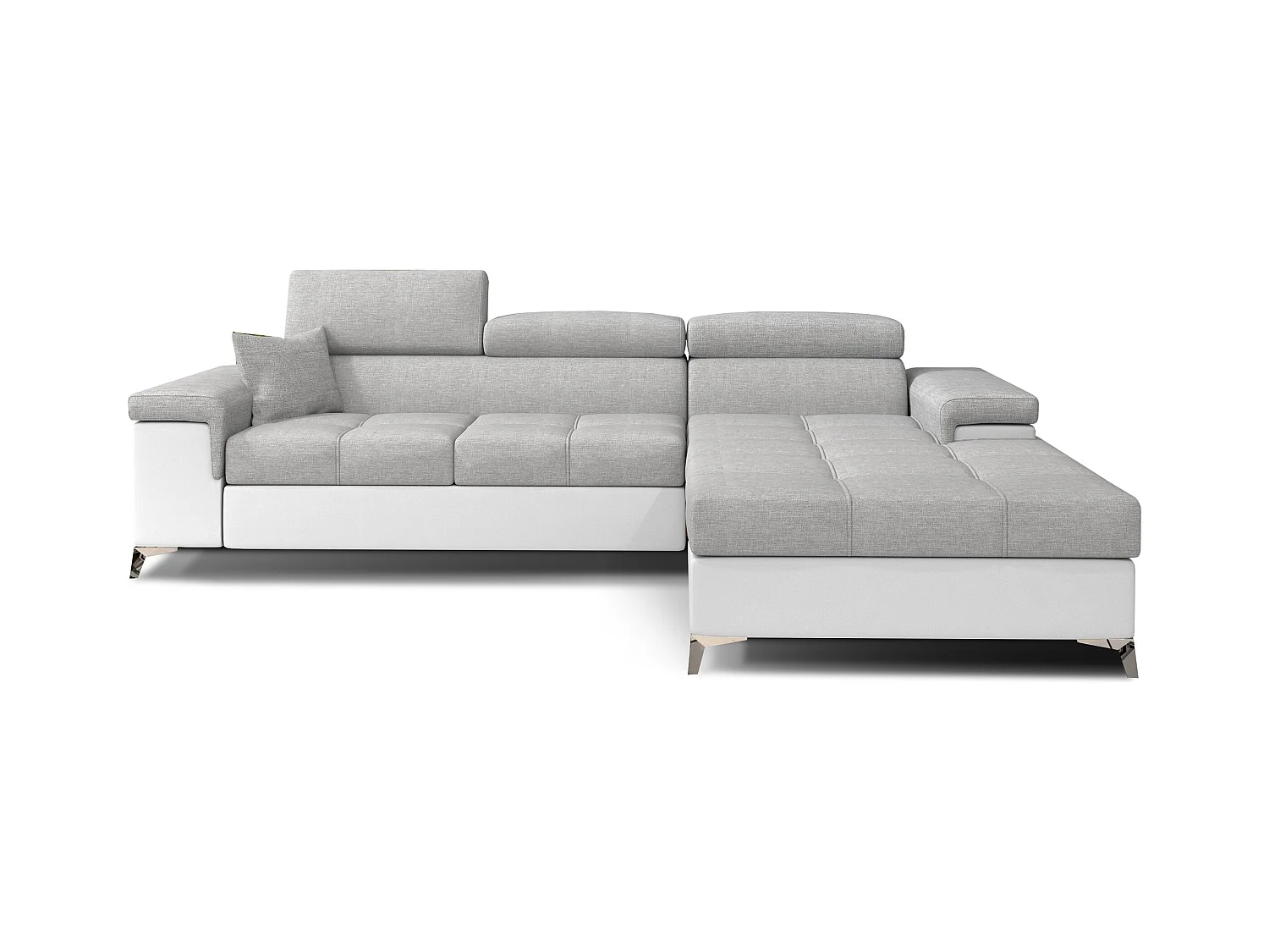 Canapé angle droit convertible tissu gris clair et simili blanc avec appuis-tête réglables Rikaro 280cm
