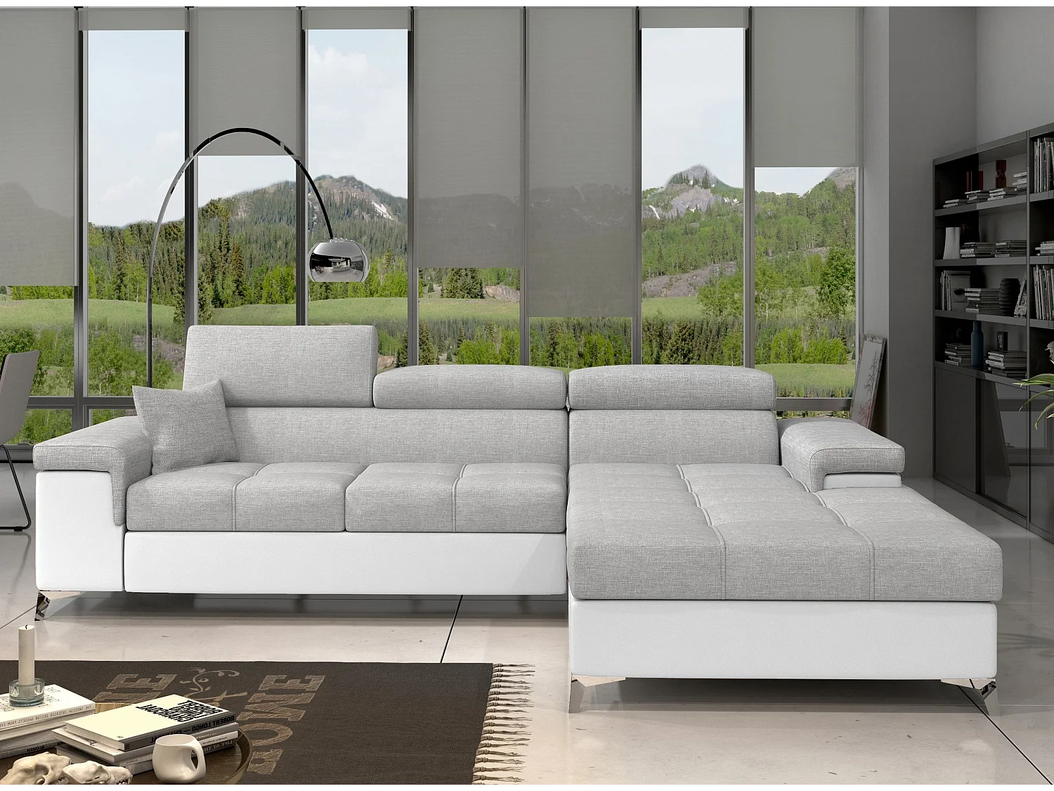 Canapé angle droit convertible tissu gris clair et simili blanc avec appuis-tête réglables Rikaro 280cm