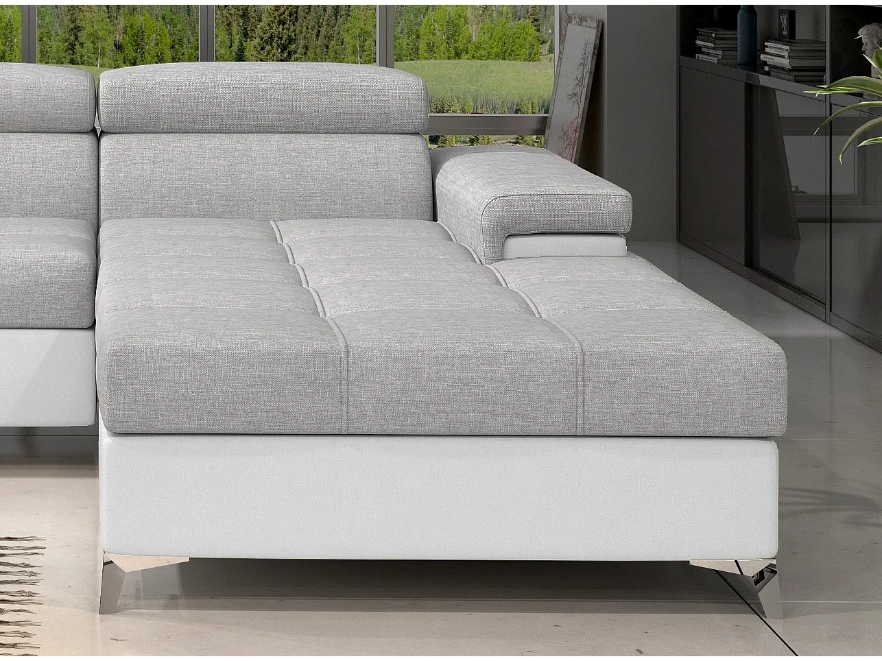 Canapé angle droit convertible tissu gris clair et simili blanc avec appuis-tête réglables Rikaro 280cm