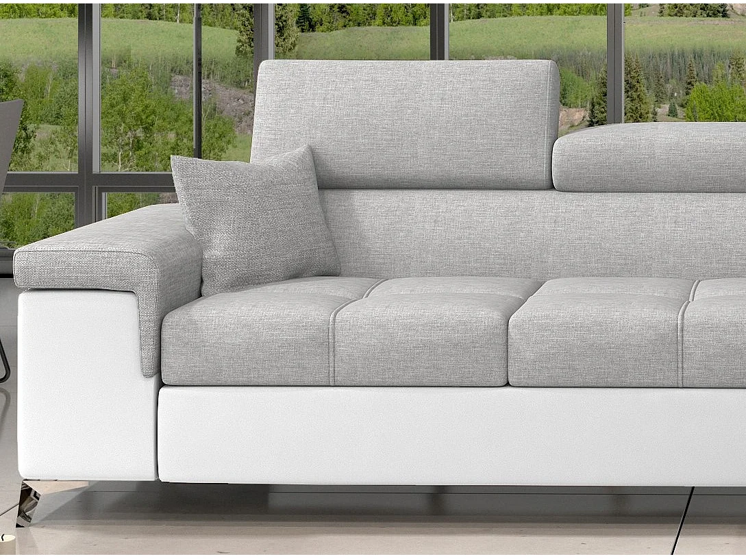 Canapé angle droit convertible tissu gris clair et simili blanc avec appuis-tête réglables Rikaro 280cm