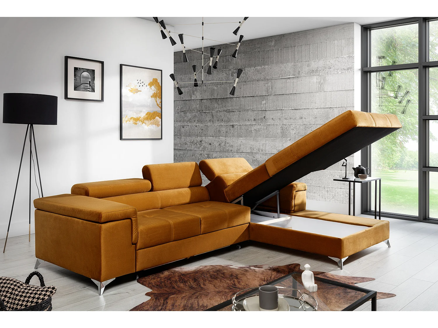 Canapé angle droit convertible tissu gris clair et simili blanc avec appuis-tête réglables Rikaro 280cm