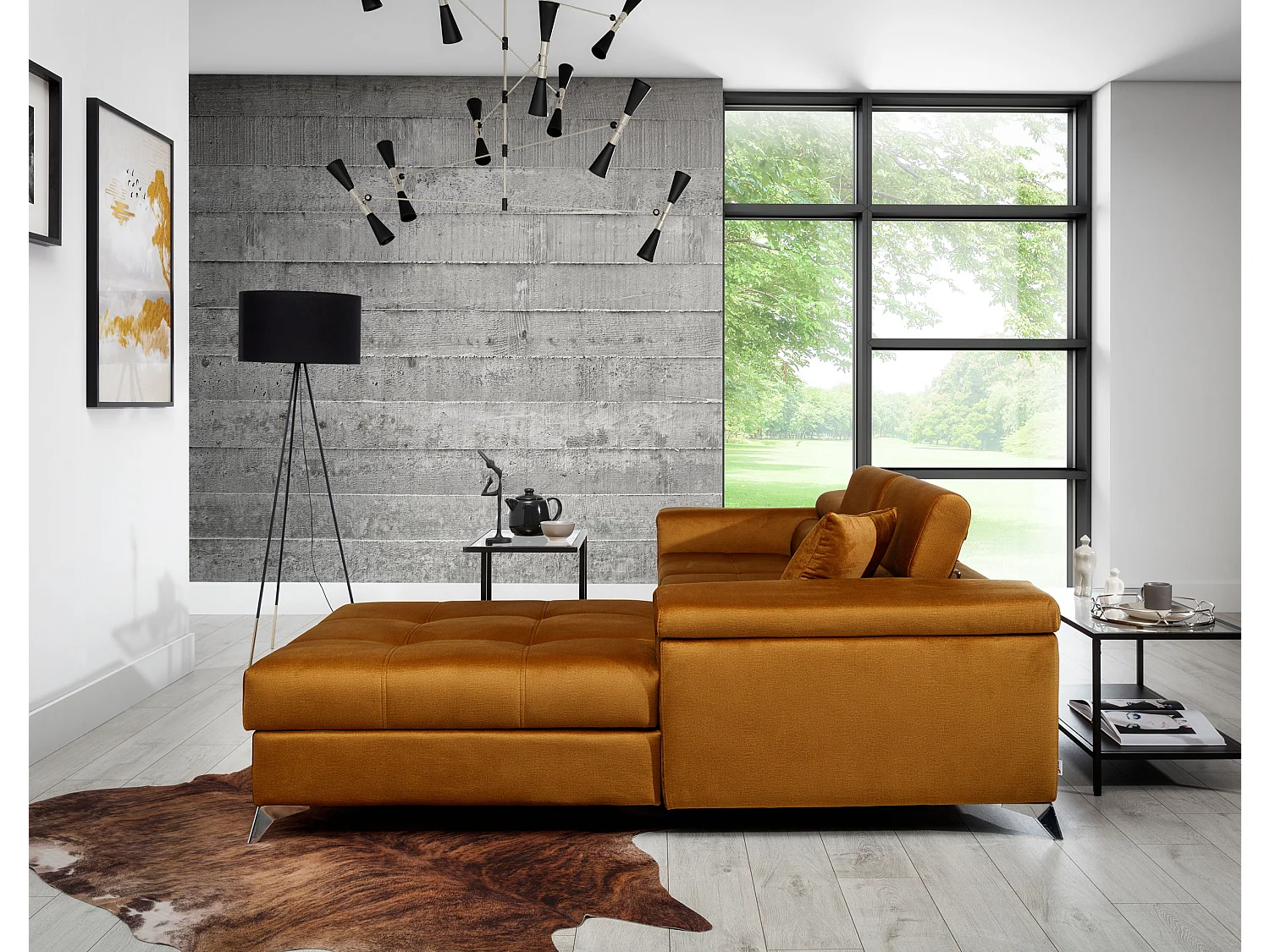 Canapé angle droit convertible tissu gris clair et simili blanc avec appuis-tête réglables Rikaro 280cm