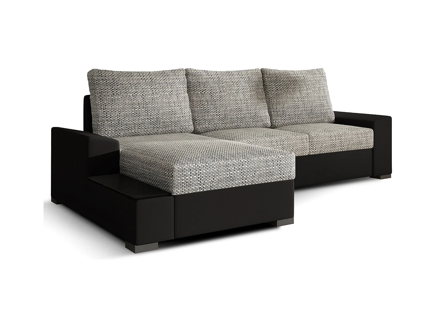 Canapé angle gauche convertible tissu gris chiné et simili noir James 245cm