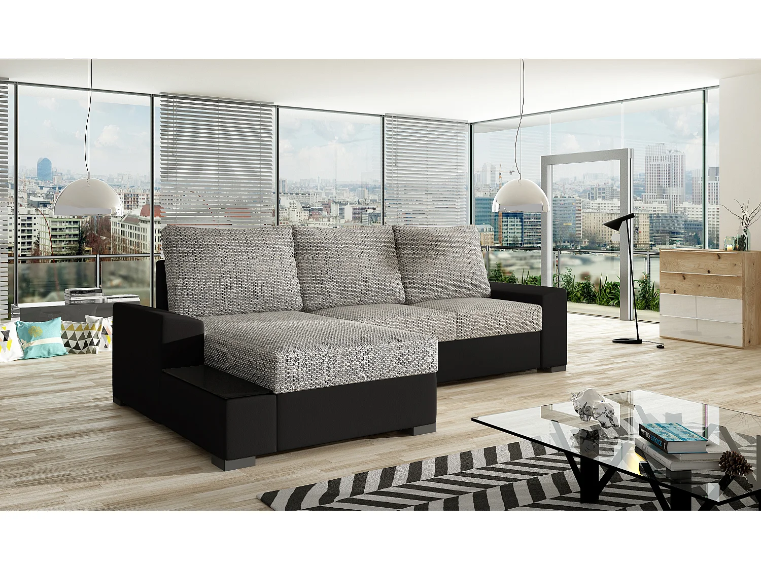Canapé angle gauche convertible tissu gris chiné et simili noir James 245cm