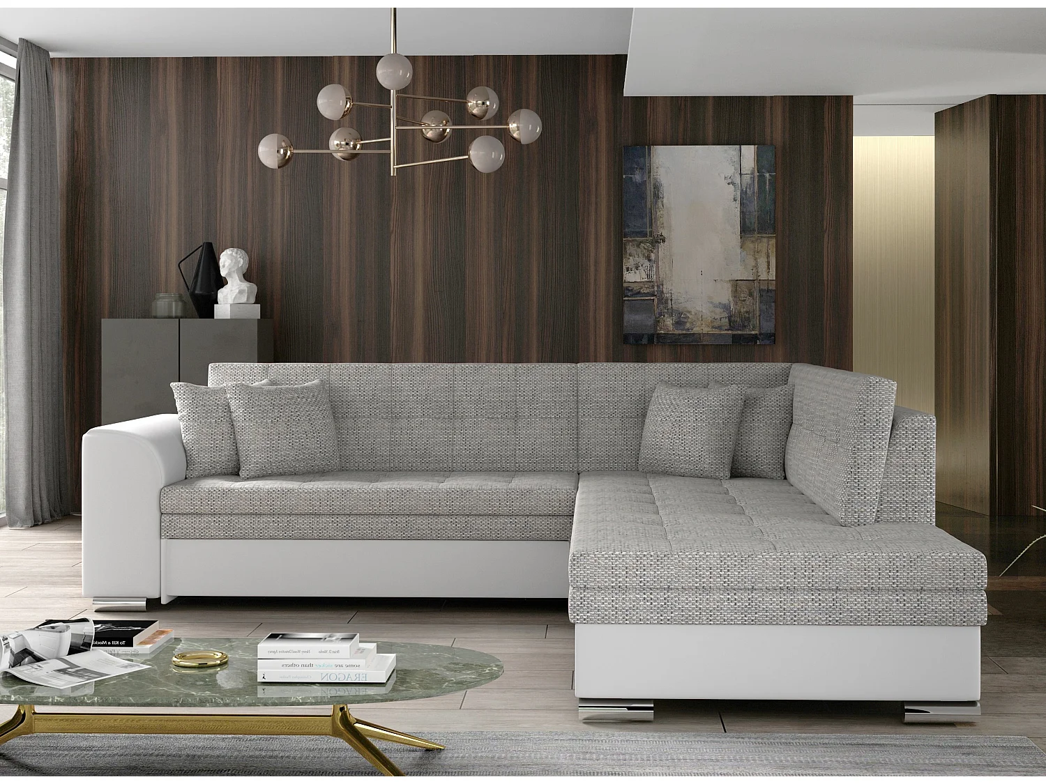 Canapé convertible angle droit tissu gris chiné et simili blanc Pika 260cm