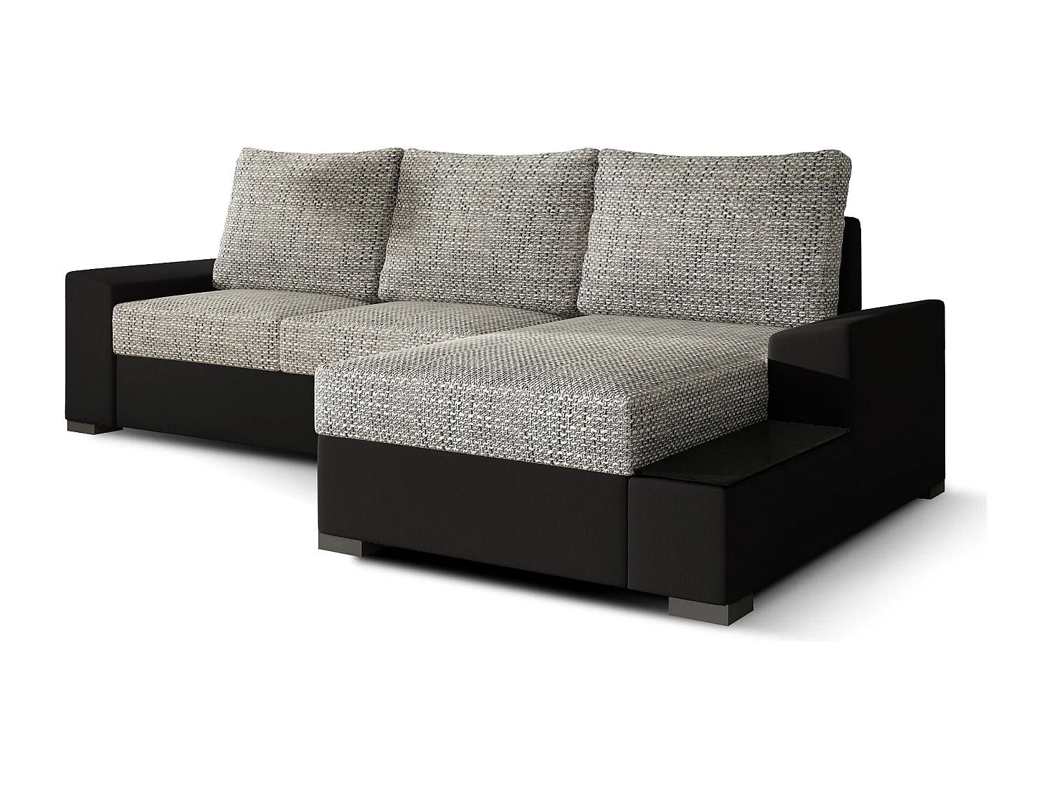 Canapé angle droit convertible tissu gris chiné et simili noir James 245cm