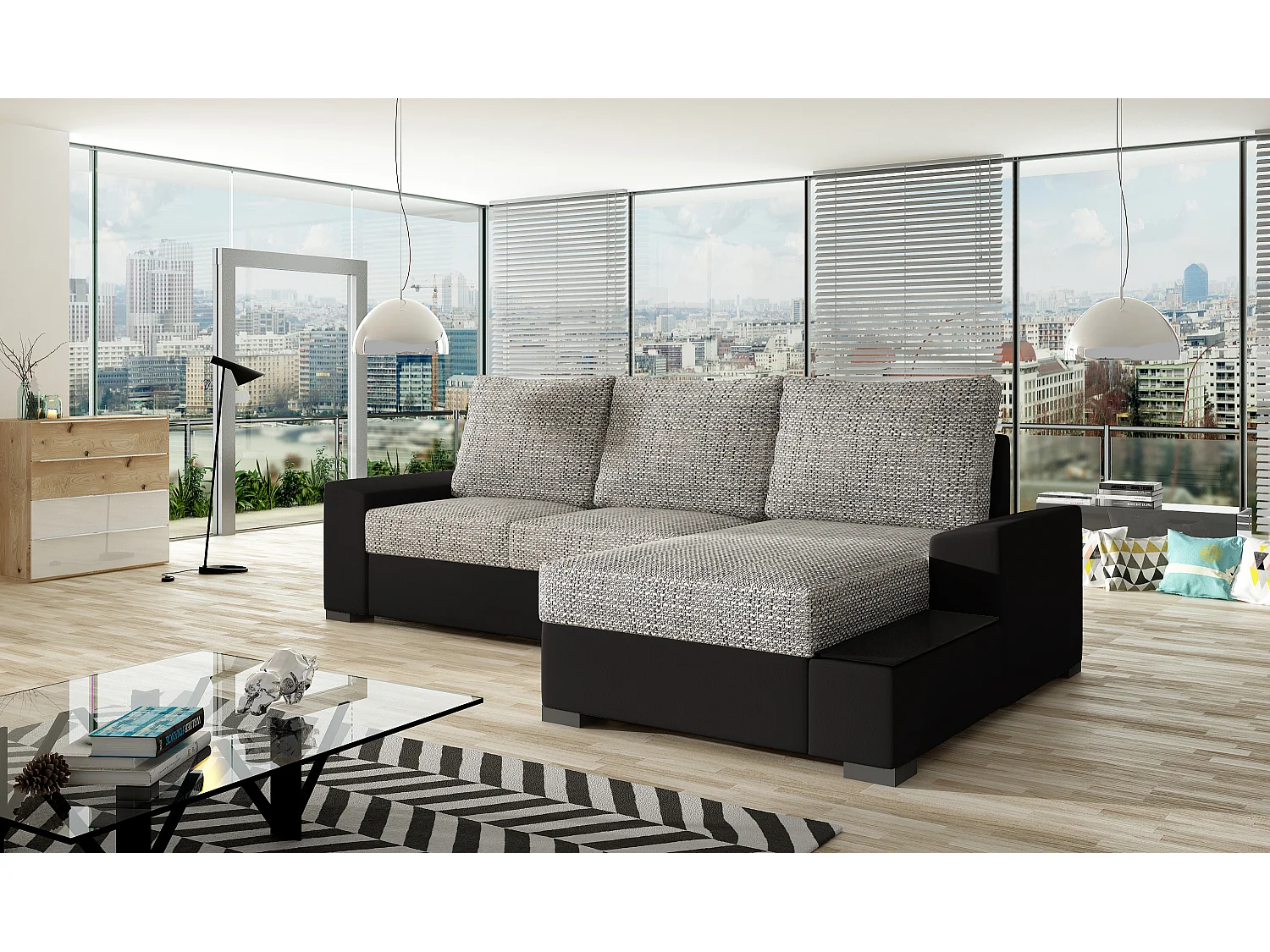 Canapé angle droit convertible tissu gris chiné et simili noir James 245cm