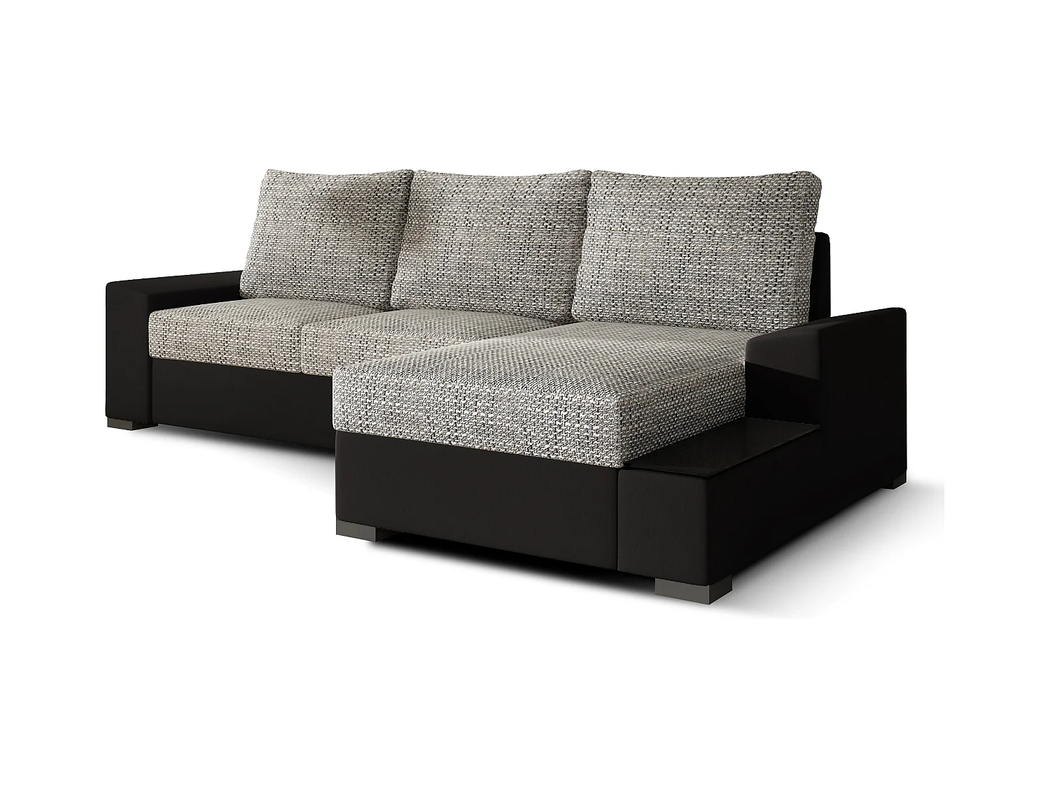 Canapé angle droit convertible tissu gris chiné et simili noir James 245cm