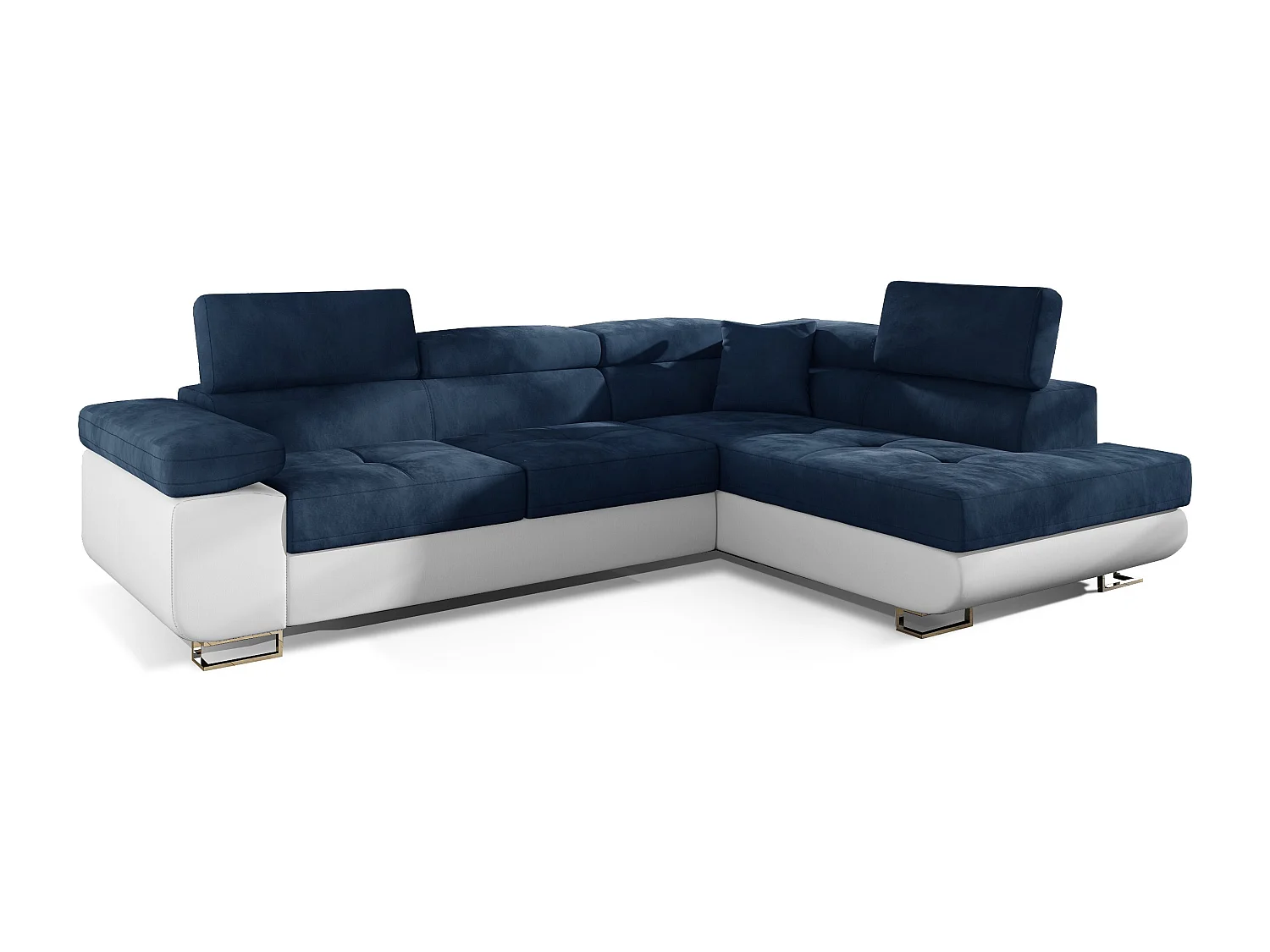 Canapé d'angle droit convertible velours bleu marine et simili blanc Marka 275cm