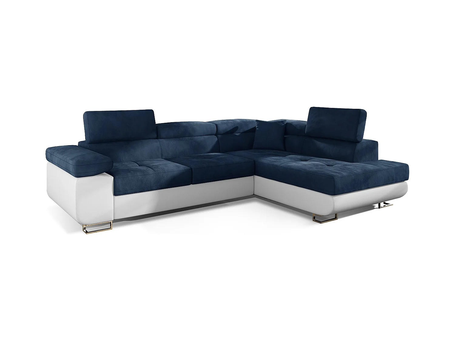 Canapé d'angle droit convertible velours bleu marine et simili blanc Marka 275cm