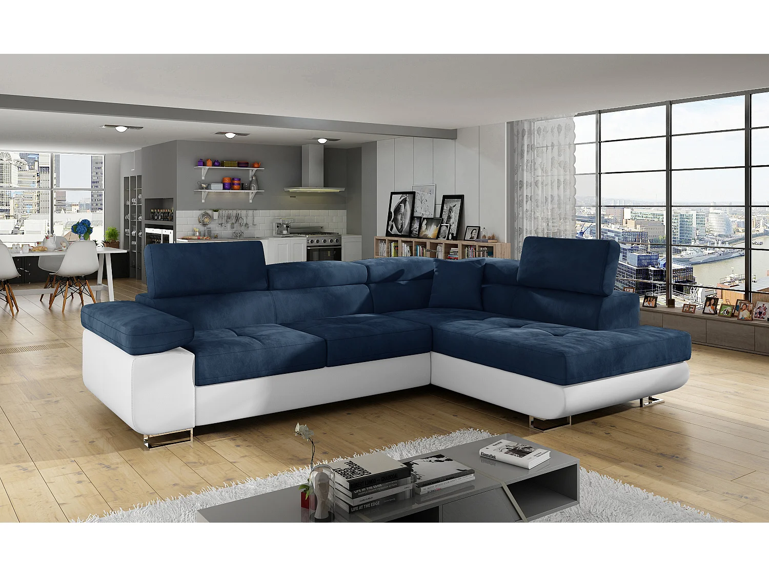 Canapé d'angle droit convertible velours bleu marine et simili blanc Marka 275cm