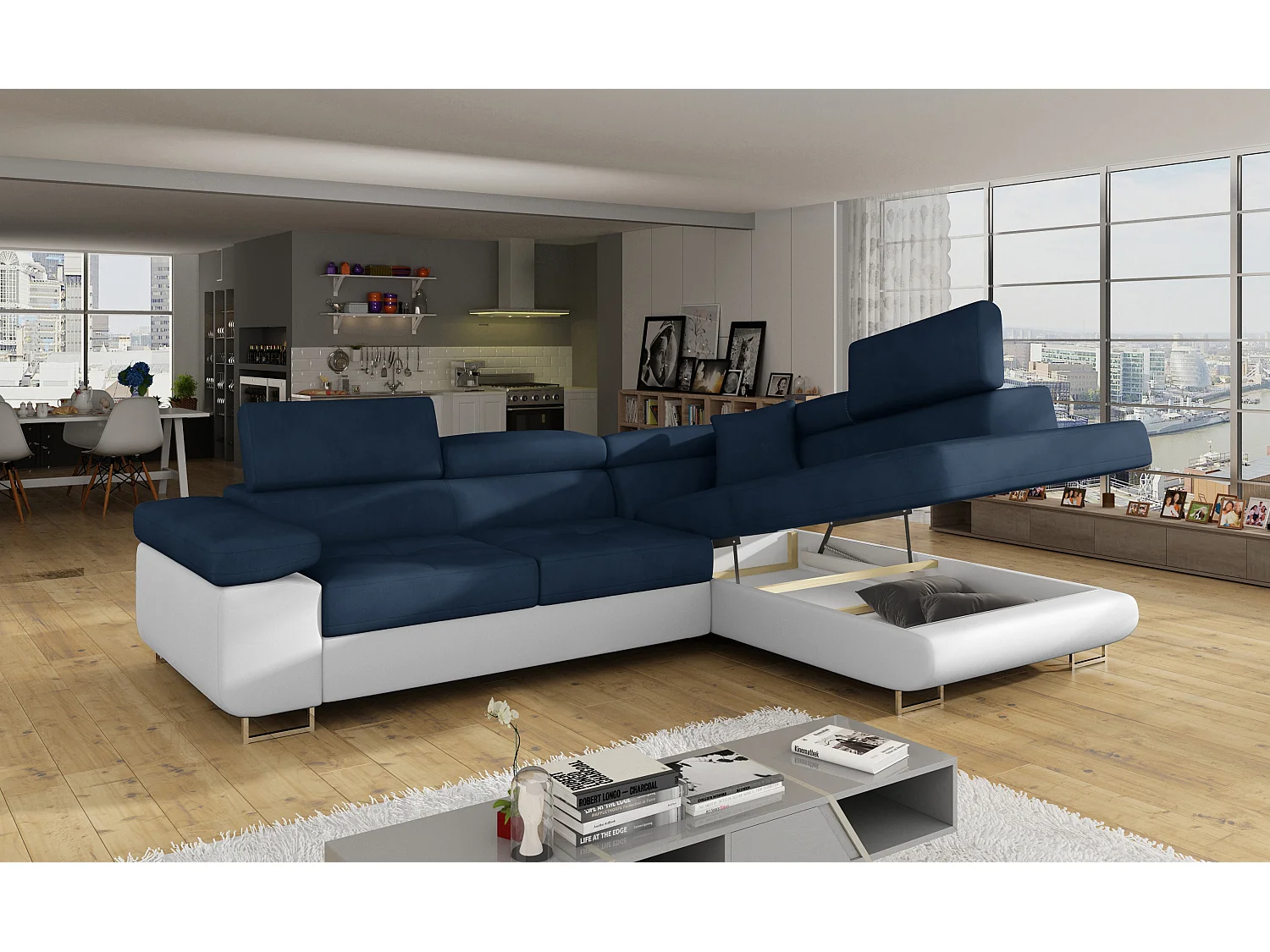 Sofá esquinero convertible en símil piel y tela reposacabezas elevables - Colección Marka-Blanco/Azul oscuro-Ángulos rectos