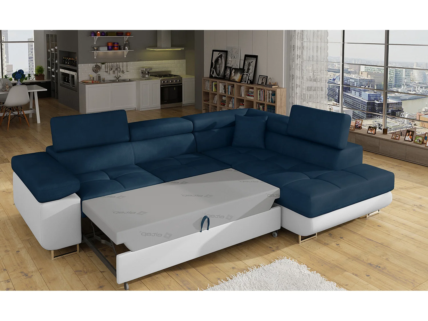 Sofá esquinero convertible en símil piel y tela reposacabezas elevables - Colección Marka-Blanco/Azul oscuro-Ángulos rectos