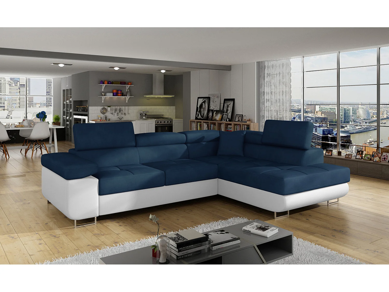 Sofá esquinero convertible en símil piel y tela reposacabezas elevables - Colección Marka-Blanco/Azul oscuro-Ángulos rectos