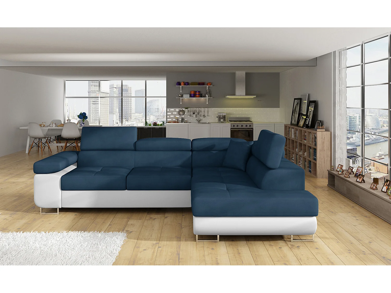 Sofá esquinero convertible en símil piel y tela reposacabezas elevables - Colección Marka-Blanco/Azul oscuro-Ángulos rectos